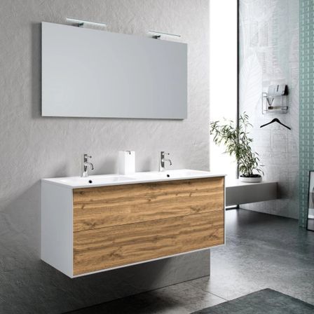Ensemble meuble de salle de bain 2 tiroirs laqué blanc et chêne double vasque et miroir à LED Oga L 120 cm
