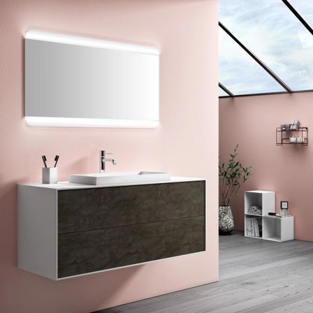 Ensemble meuble de salle de bain 2 tiroirs laqué blanc et gris oxyde et miroir lumineux Lago L 120 cm 2