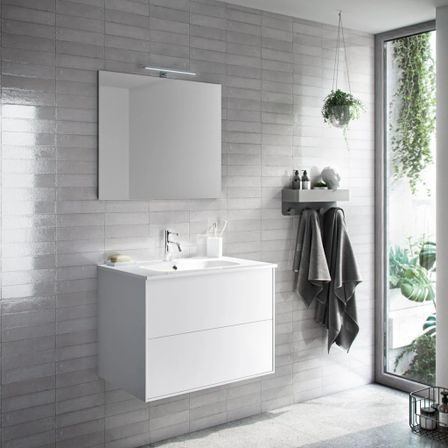 Ensemble meuble de salle de bain 2 tiroirs laqué blanc et miroir lumineux Lago L 60 cm