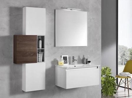 Ensemble meuble de salle de bain 3 armoires laqué blanc et bois foncé avec vasque et miroir lumineux Teph L 70 cm