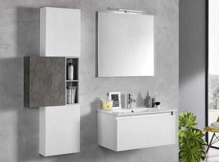Ensemble meuble de salle de bain 3 armoires laqué blanc et gris oxyde avec vasque et miroir lumineux Teph L 70 cm