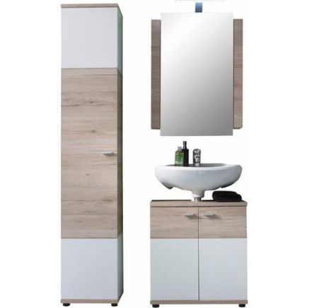 Ensemble meuble de salle de bain 3 pièces blanc et chêne clair Masie