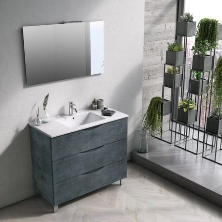 Ensemble meuble de salle de bain 3 tiroirs bleu effet pierre et miroir à LED Olo L 100 cm