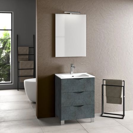 Ensemble meuble de salle de bain 3 tiroirs bleu effet pierre et miroir lumineux Olo L 60 cm