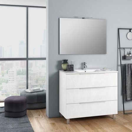 Ensemble meuble de salle de bain 3 tiroirs bois blanc et miroir à LED Mola L 80 cm