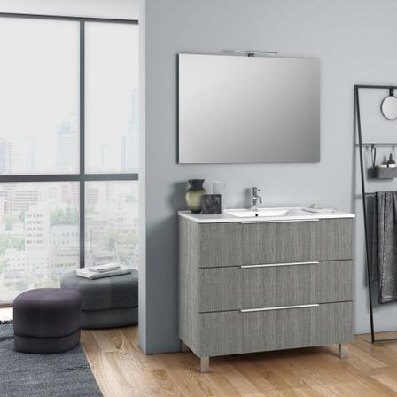 Ensemble meuble de salle de bain 3 tiroirs bois gris et miroir lumineux Malo L 100 cm