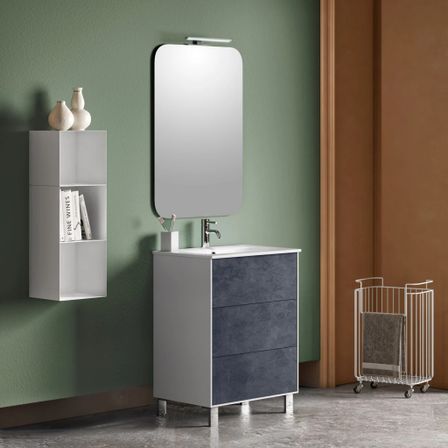 Ensemble meuble de salle de bain 3 tiroirs laqué blanc et bleu gris et miroir lumineux Lago L 60 cm