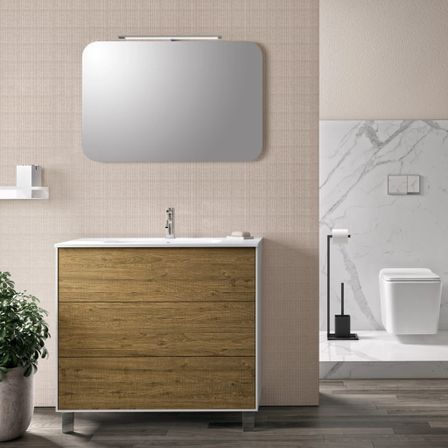 Ensemble meuble de salle de bain 3 tiroirs laqué blanc et chêne et miroir lumineux Lago L 90 cm