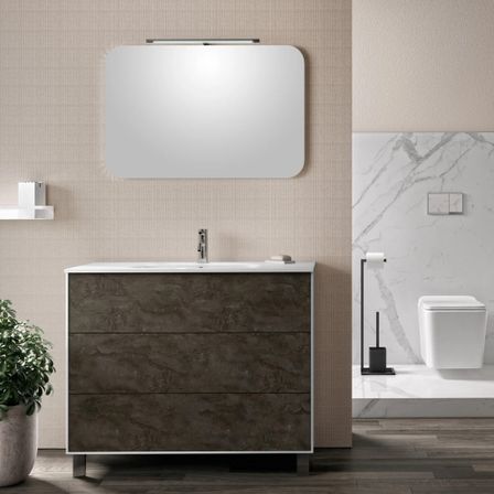 Ensemble meuble de salle de bain 3 tiroirs laqué blanc et gris oxyde et miroir à LED Oga L 100 cm