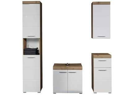 Ensemble meuble de salle de bain 4 pièces laqué blanc et chêne clair Kelia