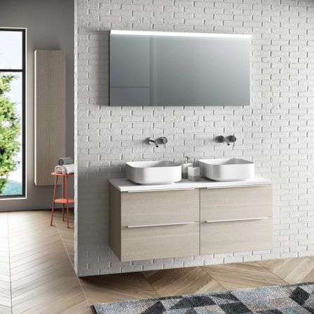 Ensemble meuble de salle de bain 4 tiroirs bois beige et miroir lumineux Malo L 120 cm