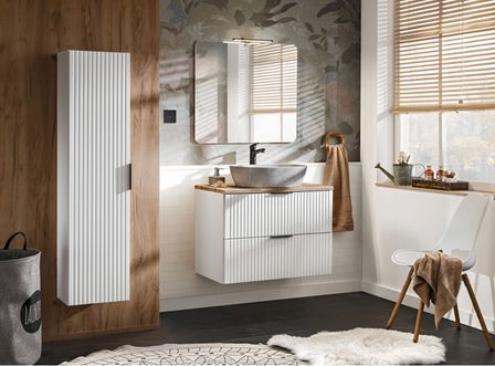 Ensemble meuble de salle de bain ADEL 80 cm avec vasque à poser, colonne, miroir et éclairage LED – Blanc mat
