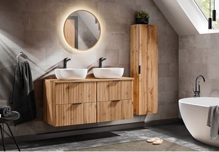Ensemble meuble de salle de bain ADEL OAK 120 cm avec double vasque, colonne et miroir LED – Chêne Wotan