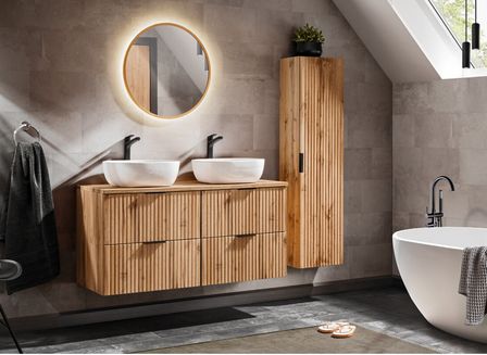 Ensemble meuble de salle de bain ADEL OAK 120 cm avec double vasque, colonne et miroir LED – Chêne Wotan