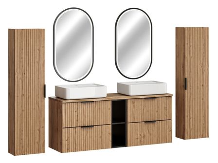 Ensemble meuble de salle de bain ADEL OAK 140 cm avec double vasque, deux colonnes et deux miroirs LED – Chêne Wotan et Rocher Gris