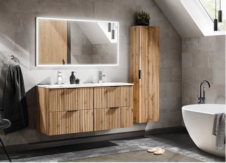 Ensemble meuble de salle de bain ADEL OAK SKY 120 cm avec double vasque, colonne, miroir LED et siphon – Chêne Wotan