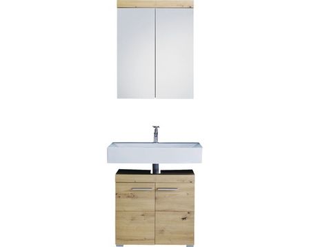 Ensemble meuble de salle de bain avec miroir 2 pièces laqué blanc chêne clair Kelia