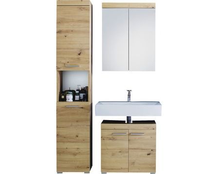 Ensemble meuble de salle de bain avec miroir 3 pièces laqué blanc chêne clair Kelia