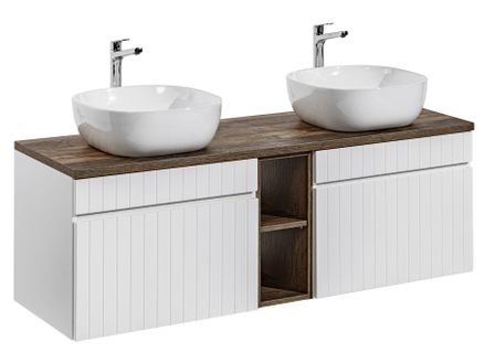 Ensemble meuble de salle de bain EMBLEMATIC 180 cm – Double vasque ronde – Blanc mat et chêne marron