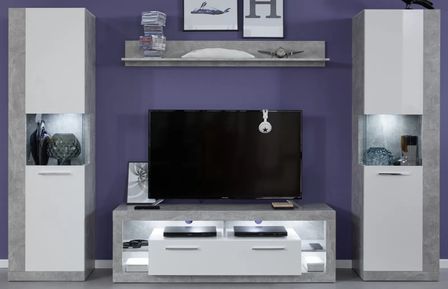 Ensemble meuble de séjour 4 pièces mélaminé blanc et gris Roska