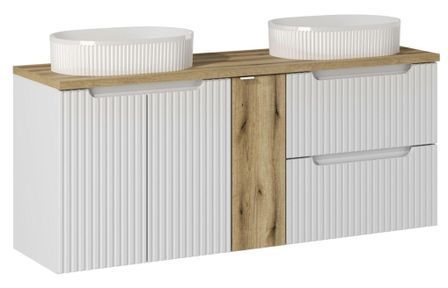 Ensemble meuble salle de bain 140cm NOVA suspendu – Double vasque ovale blanche, plan et rangements