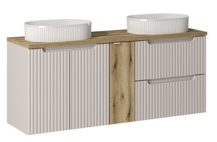Ensemble meuble salle de bain 140cm NOVA suspendu – Double vasque ovale blanche, plan et rangements