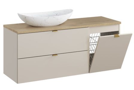 Ensemble meuble salle de bain suspendu DALIA 100 cm Cachemire 100 cm avec vasque ovale blanche mate, panier à linge et plan chêne naturel