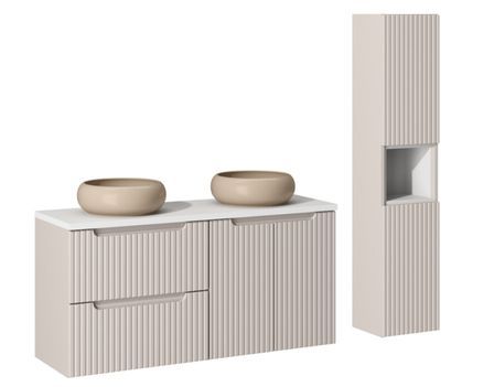 Ensemble meuble salle de bain suspendu NOVA 120 cm – Double vasque ronde cappuccino avec colonne et rangements