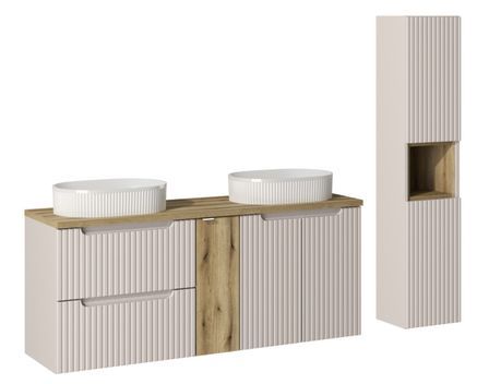 Ensemble meuble salle de bain suspendu NOVA 140 cm – Double vasque ovale blanche, colonne, rangements