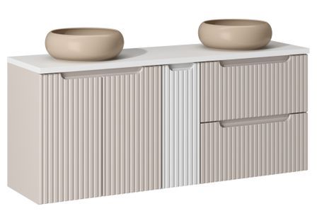 Ensemble meuble salle de bain suspendu NOVA 140 cm – Double vasque ronde cappuccino avec plan et rangements