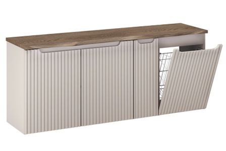 Ensemble meuble salle de bain suspendu NOVA 140 cm taupe avec panier à linge et plan effet bois Chêne Casella