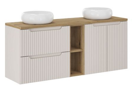 Ensemble meuble salle de bain suspendu taupe et naturel NOVA 140 cm – Double vasque ronde blanche avec plan et rangements