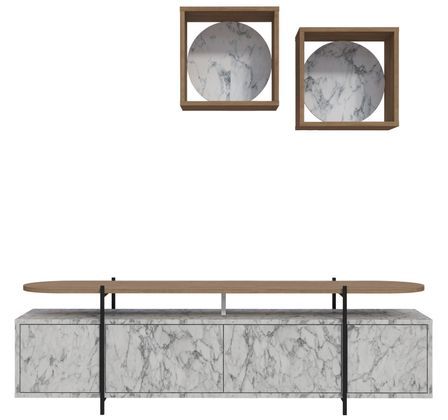 Ensemble meuble TV 4 portes et 2 étagères murales bois clair et blanc effet marbre Kusta 160 cm