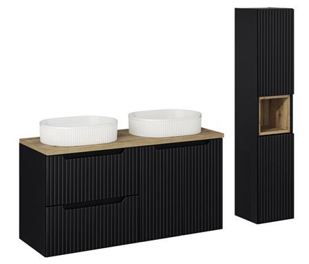Ensemble salle de bain double vasque ovale blanche NOVA 120 cm avec meubles suspendus et colonne