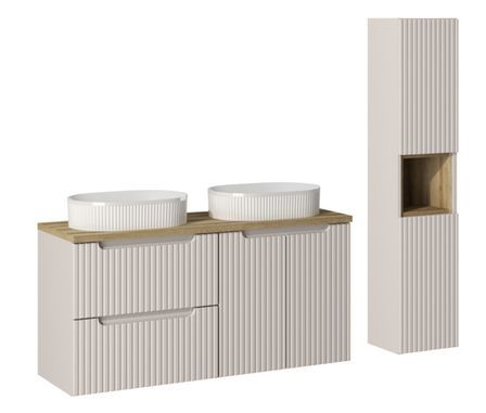 Ensemble salle de bain double vasque ovale blanche NOVA 120 cm avec meubles suspendus et colonne
