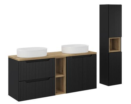 Ensemble salle de bain double vasque ovale blanche NOVA 140 cm avec meubles suspendus et colonne