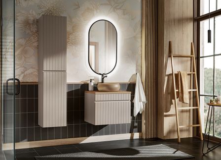 Ensemble salle de bain EMBLEMATIC 60 cm – Meuble vasque, colonne suspendue et miroir LED – Taupe et chêne naturel