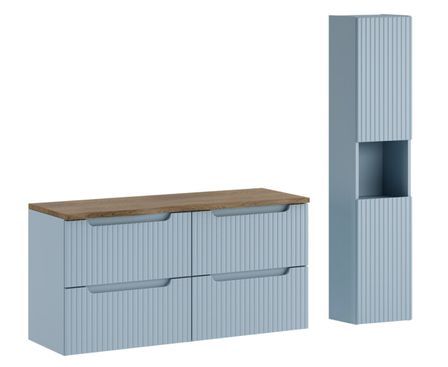 Ensemble salle de bain suspendu NOVA Denim 120 cm – Rangements, plan Chêne Casella