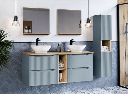 Ensemble salle de bain suspendu NOVA Denim 170 cm – Double vasque grise avec colonne et rangements