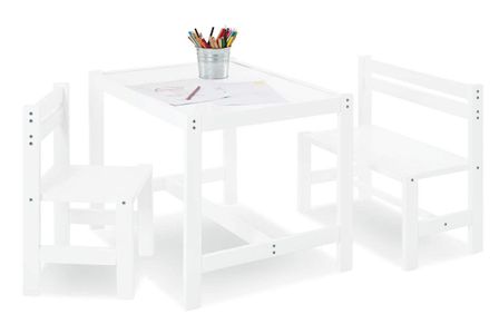 Ensemble table et chaises enfant 3 pièces hêtre massif laqué blanc Timo