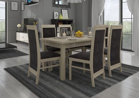 Ensemble table extensible 140/180 cm et 6 chaises en bois clair sonoma et tissu gris foncé Komba