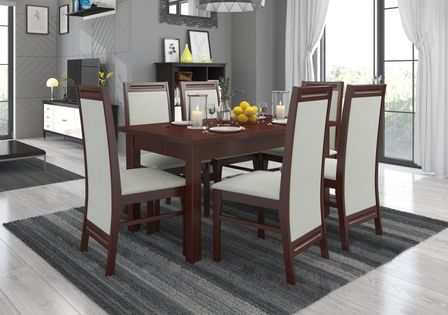 Ensemble table extensible 140/180 cm et 6 chaises bois Noyer foncé et beige clair Komba