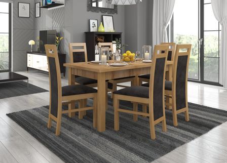 Ensemble table extensible 140/180 cm et 6 chaises en bois de hêtre et tissu gris foncé Mouka
