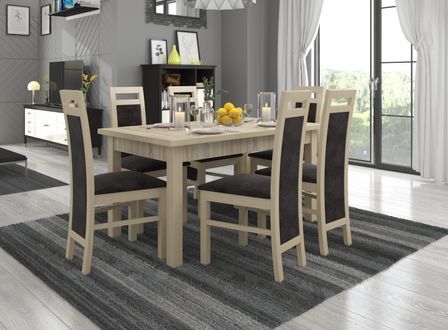 Ensemble table extensible 140/180 cm et 6 chaises en bois clair sonoma et tissu gris foncé Mouka