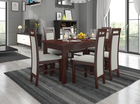 Ensemble table extensible 140/180 cm et 6 chaises en bois Noyer foncé et tissu beige clair Mouka