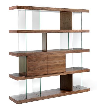 Etagère 4 niveaux bois noyer avec tiroirs et verre trempé Juno