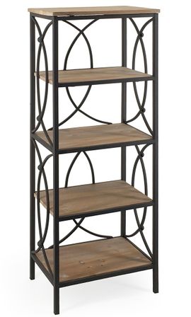 Etagère Bibliothèque avec 4 tablettes fer forgé noir et bois massif naturel Kalioka 42 cm
