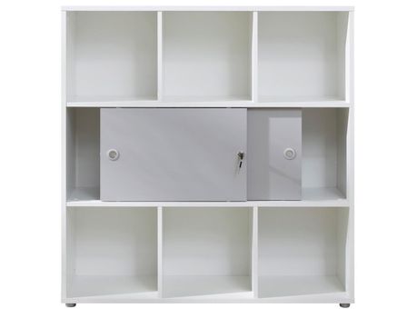 Etagère de bureau avec 2 portes coulissantes laqué gris et blanc Badi