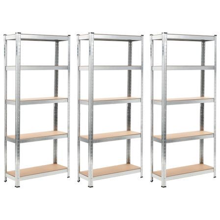 Étagères à 5 niveaux 3 pcs Argenté Acier et bois d'ingénierie