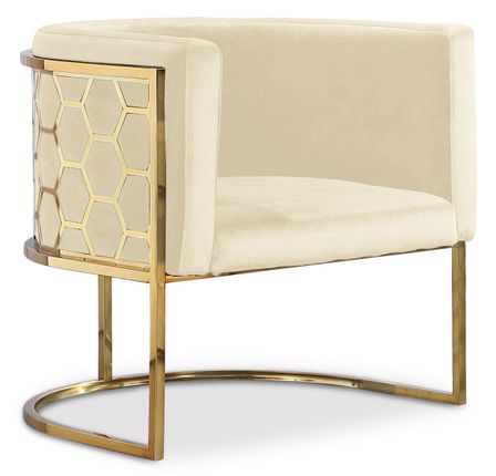 Fauteuil arrondi velours beige et métal doré Chanum